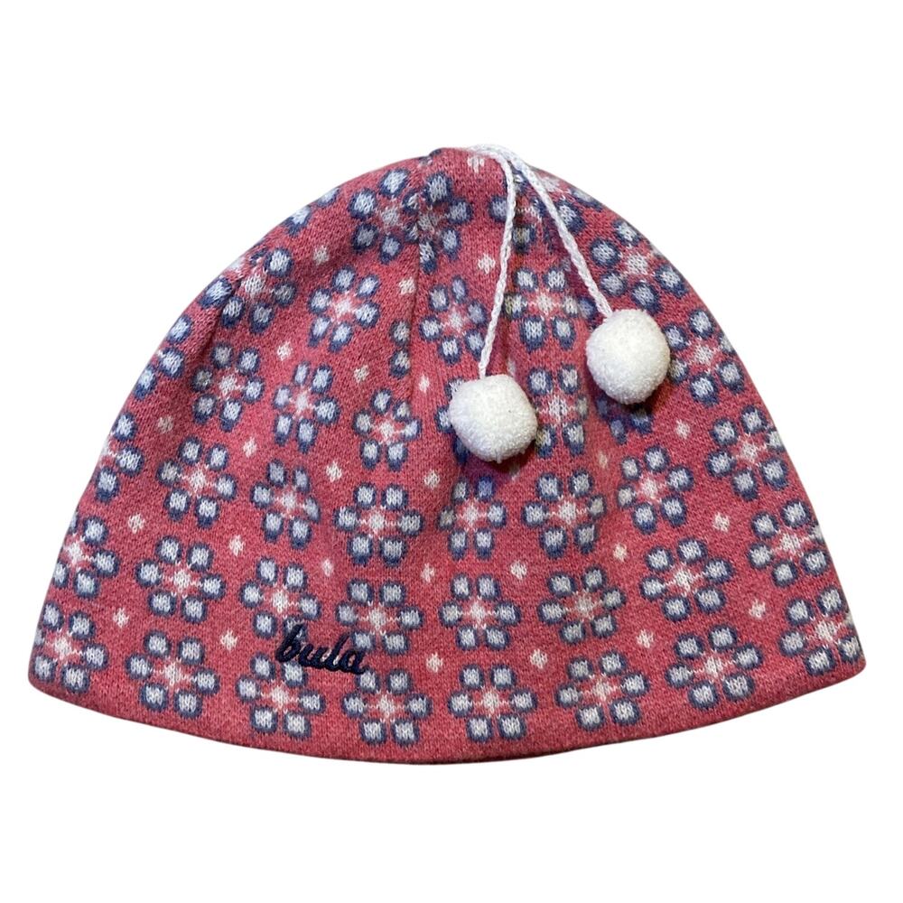 Bula Winter Hat Women Sz S/M Pink Flower Design White Tassel Made in Canada